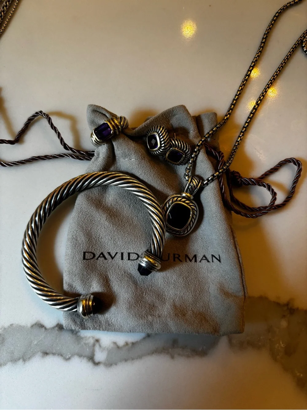 David Yurman Sterling Cable Cuff with Purple Terminals and Gold Accents